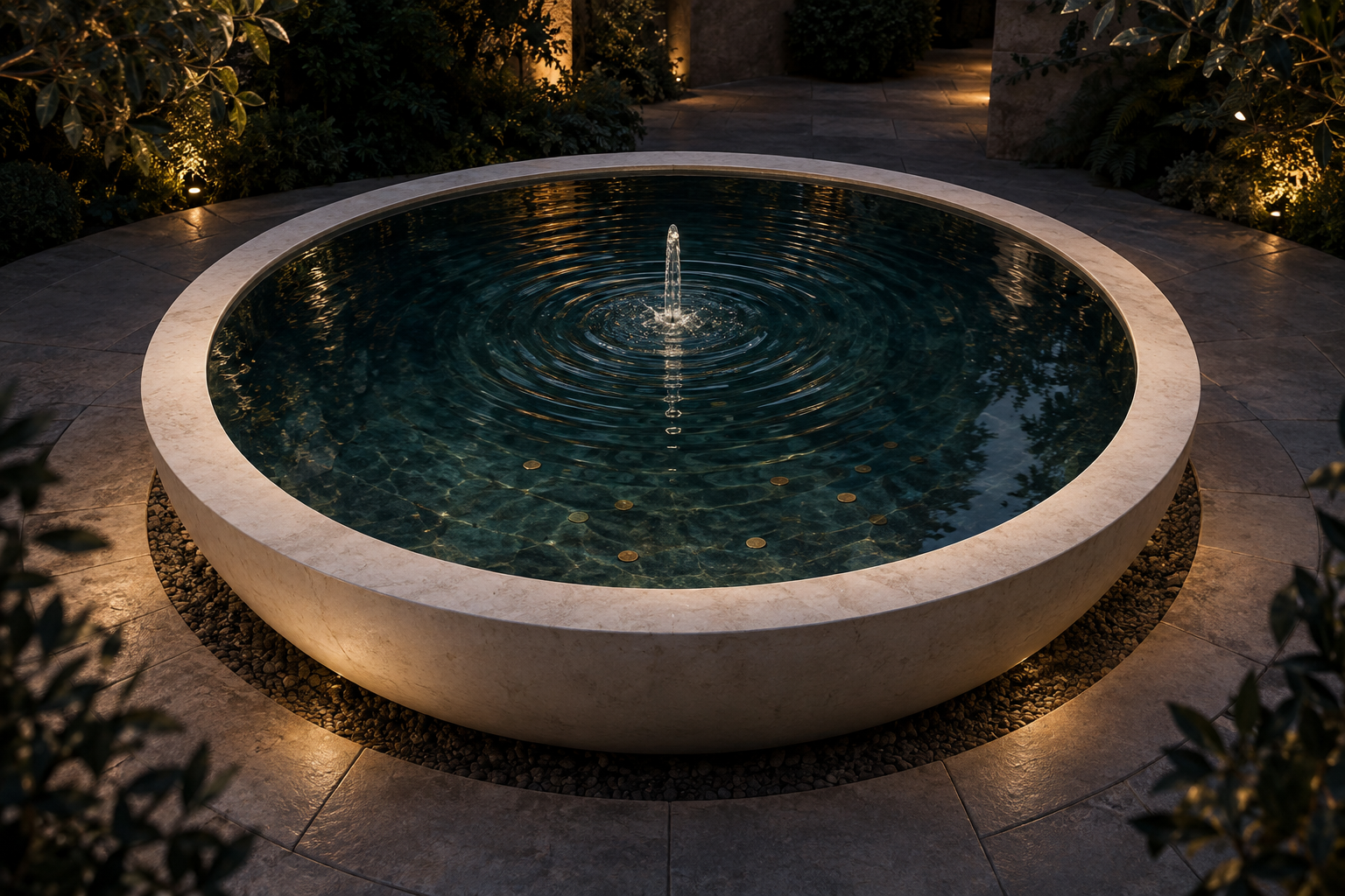 A round limestone fountain with deep green water at dusk